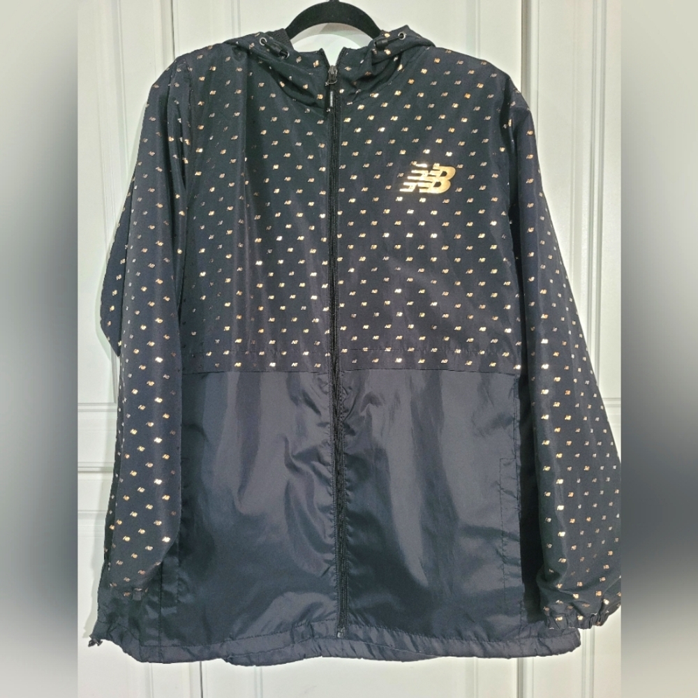 New Balance Black, Gold Hooded Full Zip Windbreaker, Womens Size 3X, Activewear